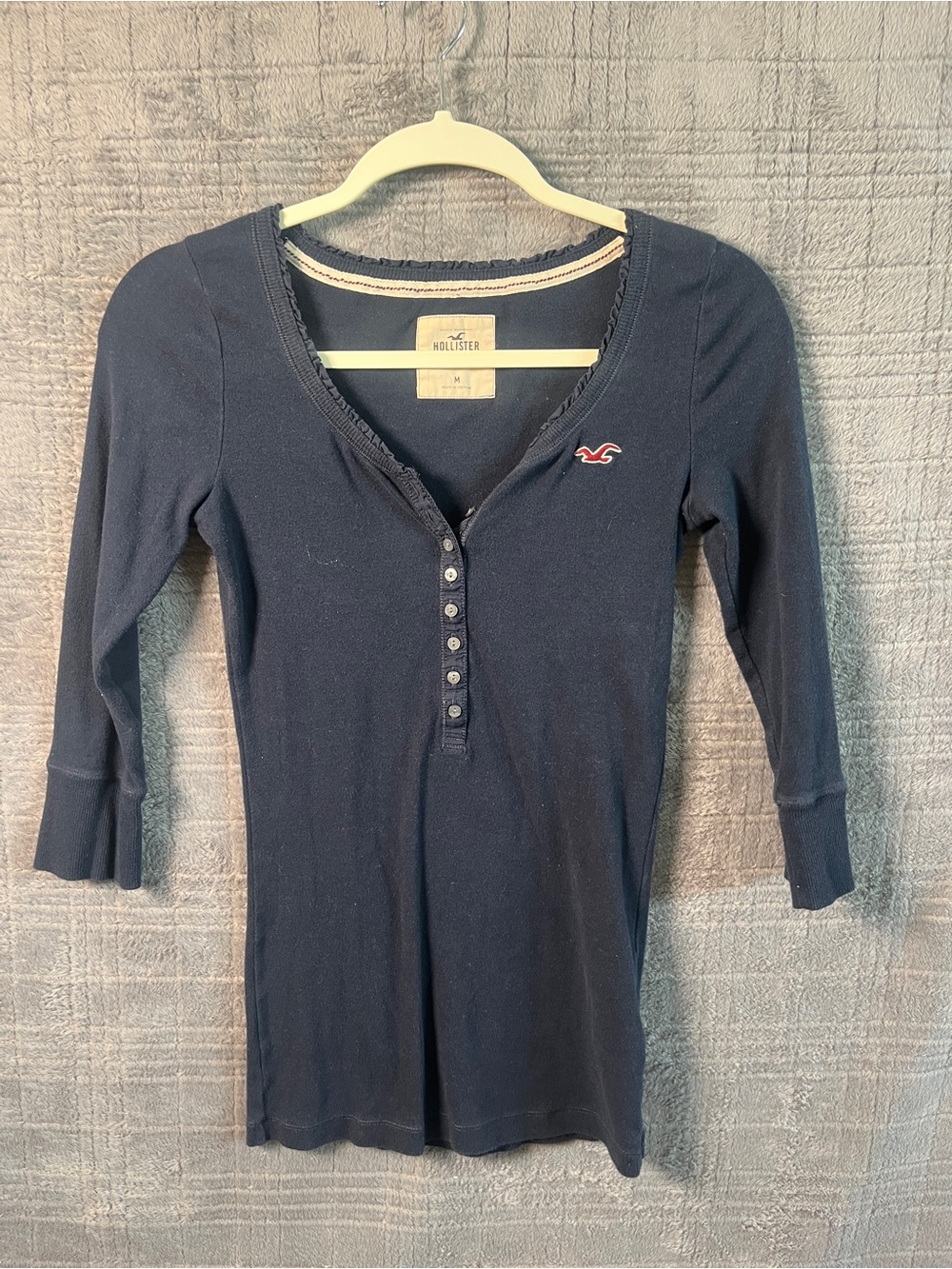 Hollister Navy Button-Front Ribbed Henley with Red Logo